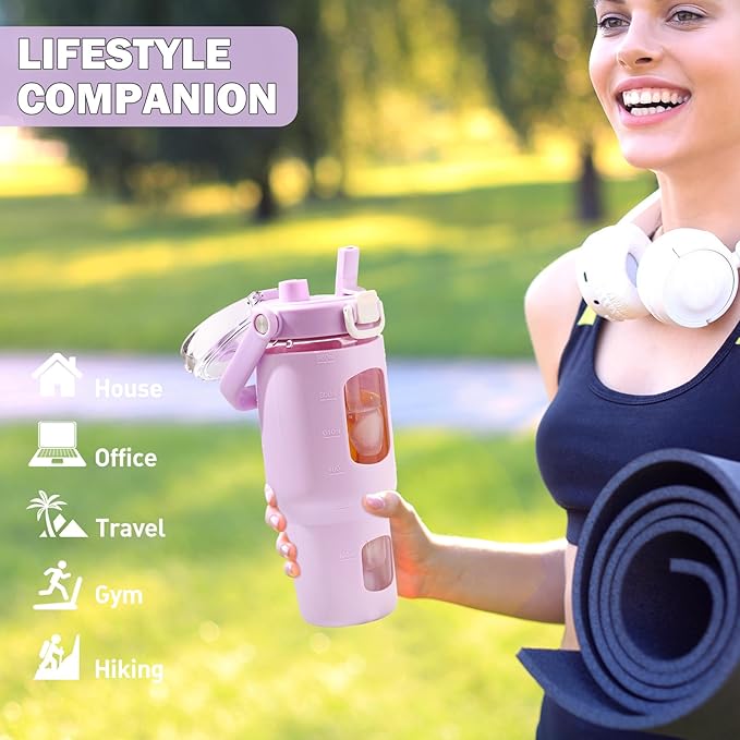 BLUEGO 32oz Glass Water Bottles with Straw Time Marker Half Gallon Large Motivational Water Bottle with Silicone Sleeve 2 Liter Large Glass Water Jug for Gym, Sports& Workout, Daily, Purple