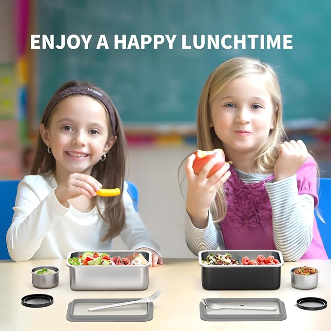 Stainless Steel Bento Box for Kid, 33oz Leak-Proof Lunch Box Containers with Adjustable Divider, Microwave-Safe, Metal Lunchbox for School Travel