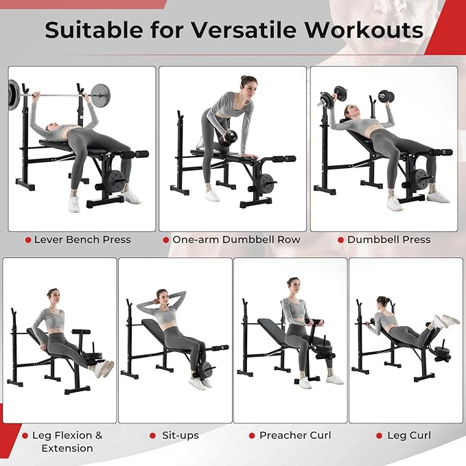 GYMAX Adjustable Weight Bench, Foldable Weight Bench with Squat Racks, Leg Extension & Leg Curl, Strength Training Workout Bench Press, Olympic Weight Lifting Bench Set for Home Gym