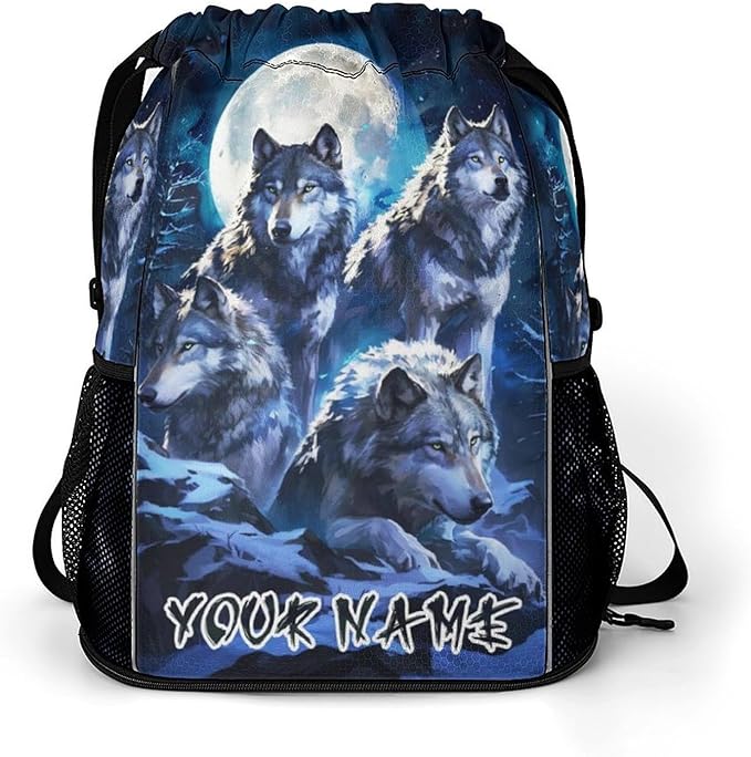 Custom Wolf Drawstring Backpack - Cute Cinch Sack, String Backpacks with Pocket for Women Men Kids Boys Girls for Gym Outdoor Sports Travel Athletic Drawstring Bag - Lightweight/Foldable