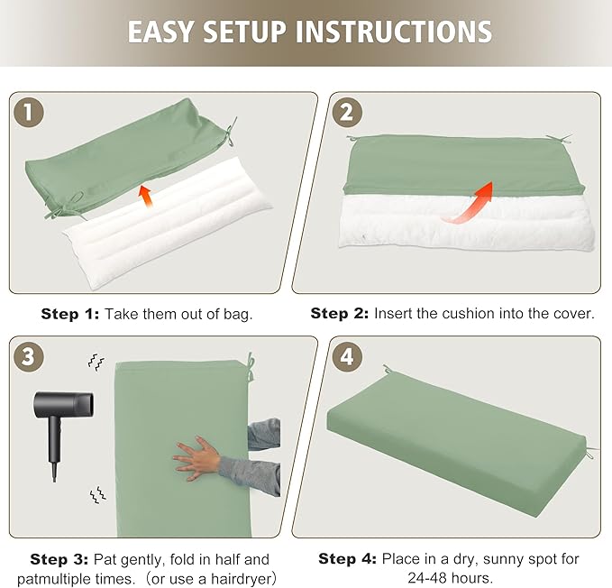 Outdoor Bench Cushion Waterproof 59"x18" – Fade-Resistant Patio Furniture Cushion with Ties for Loveseat, Porch Swing or Indoor Bench Replacement, Sage Green