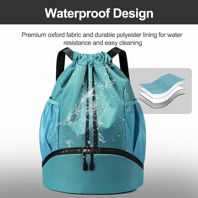 Hoedia Sports Drawstring Backpack - String Swim Gym Bag with Shoes Compartment and Wet Proof Pocket for Women/Men (Teal)