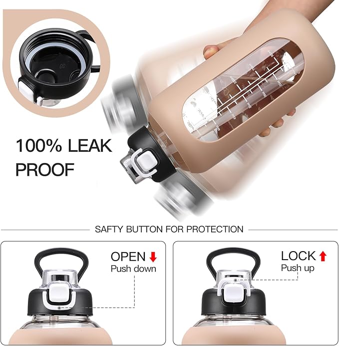 64 oz Glass Water Bolttles with Straw Half Gallon Large Motivational Water Bottle with Time Marker Sports Water Bottles with Silicone Sleeve and Handle Lid Water Jug for Gym Workout