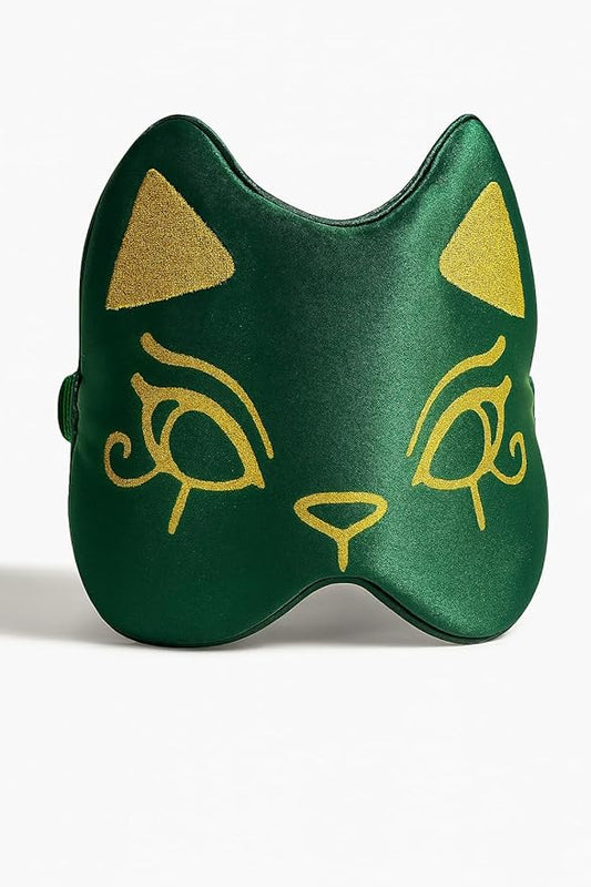 Silk Sleep Mask Blindfold Eye Mask for Sleep Cute Cat Print Embroidered Eye Cover Adjustable Oversized Egyptian Bastet with Gift Box&Pouch（Osiris Green-Elastic Strap）