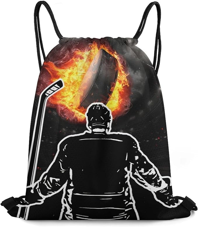 Hockey Drawstring Backpack - Cool Cinch Sack, String Backpacks for Kids Women Men Boys Girls for Gym Outdoor Sports Travel Athletic Drawstring Bag - Lightweight/Foldable