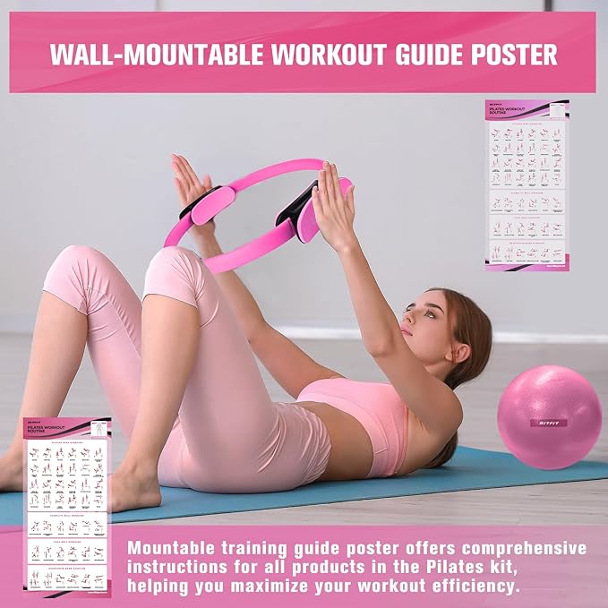 RitFit Pilates Kit - 14 Inch Pilates Ring Magic Circle with Pilates Ball, Resistance Bands & Yoga Strap, Pilates Equipment for Home Workout Toning Thighs, Arms and Core (Black/Pink)