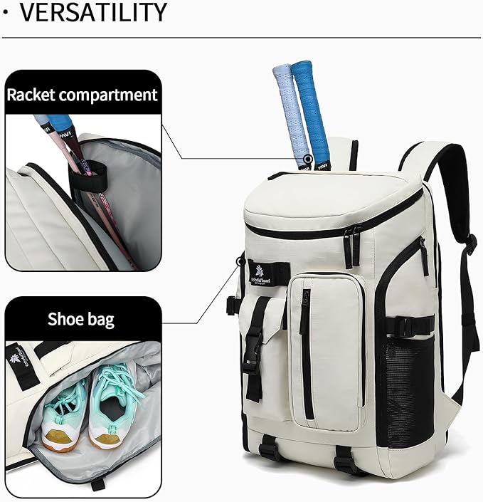 Gym Duffle Tennis Bag Backpack 4-Way Waterproof with Shoes Compartment for travel Sport Hiking laptop (Sea salt white02)