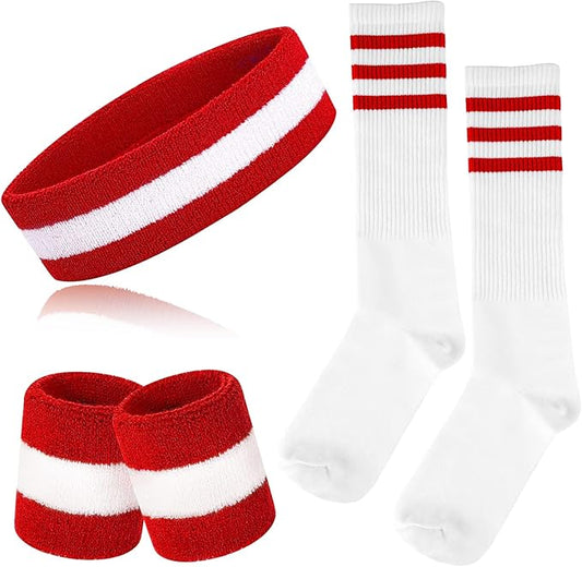 ONUPGO 5 Pieces Sweatbands Striped Socks Set Sports Headband Wristbands High Tube Socks 80s Accessories Costumes
