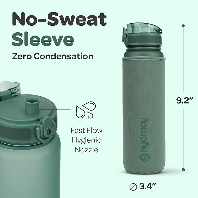 Hydracy Water Bottle with Time Marker -Large BPA Free Water Bottle & No Sweat Sleeve -Leak Proof Gym Bottle with Fruit Infuser Strainer & Times to Drink -Ideal for Fitness Sports & Outdoors
