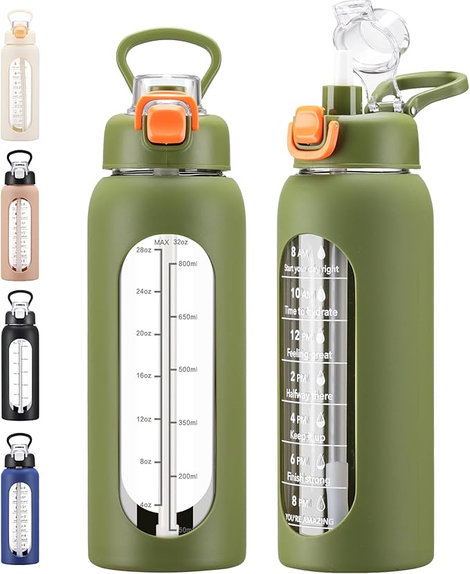 32 oz Glass Water Bolttles with Straw Large Motivational Water Bottle with Time Marker Sports Water Bottles with Silicone Sleeve and Handle Lid Water Jug for Gym Workout