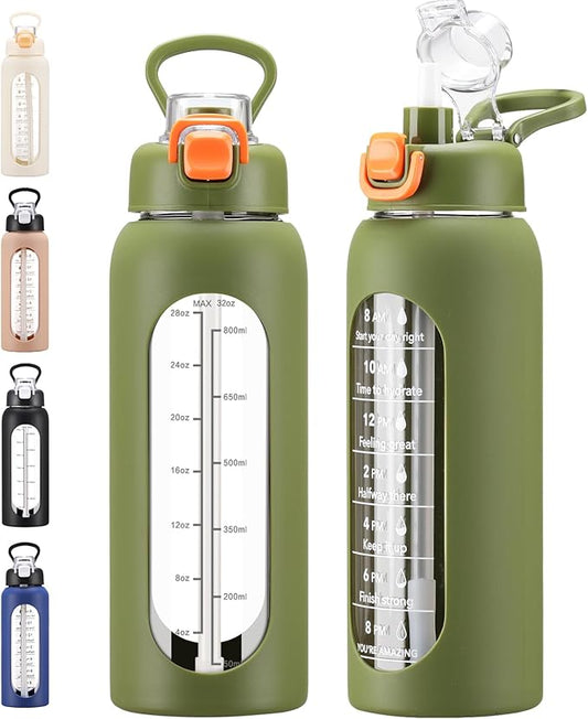 32 oz Glass Water Bolttles with Straw Large Motivational Water Bottle with Time Marker Sports Water Bottles with Silicone Sleeve and Handle Lid Water Jug for Gym Workout