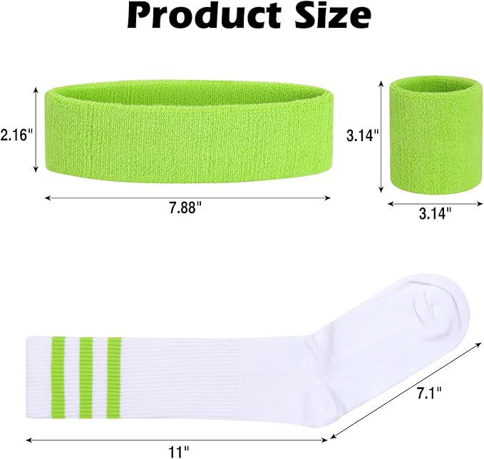 ONUPGO 5 Pieces Sweatbands Striped Socks Set Sports Headband Wristbands High Tube Socks 80s Accessories Costumes