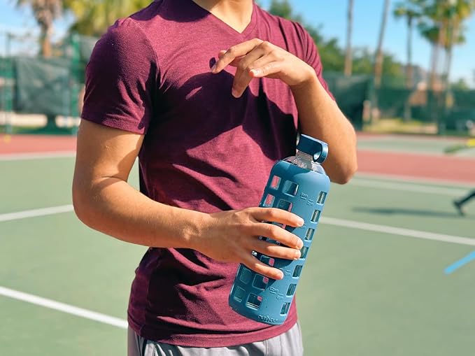 purifyou 40oz / 32oz / 22oz / 12oz Borosilicate Glass Water Bottle with Time & Volume Markers, Silicone Sleeve, Stainless Steel Lid | Reusable Glass Bottle for Water & Juice (40oz Chinese Porcelain)