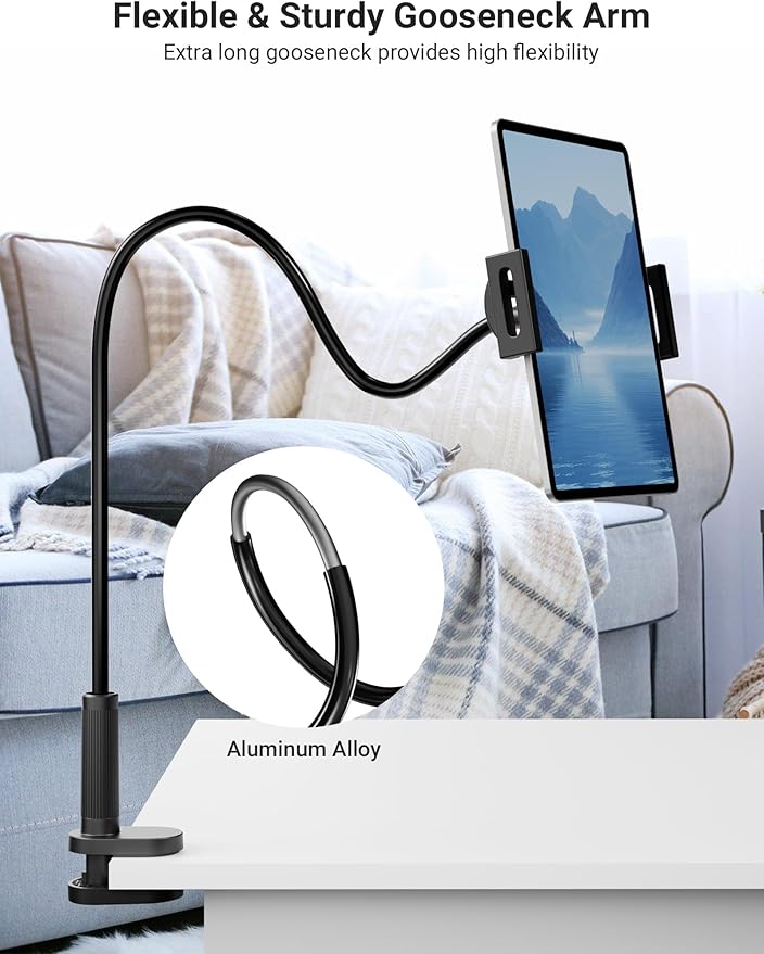 Flexible Gooseneck Tablet Holder, 360° Adjustable Phone Mount with Sturdy Clamp for Desk/Bed/Kitchen, Compatible with iPad Air Pro Mini iPhone/Samsung Galaxy Tabs/4.7~12.9"