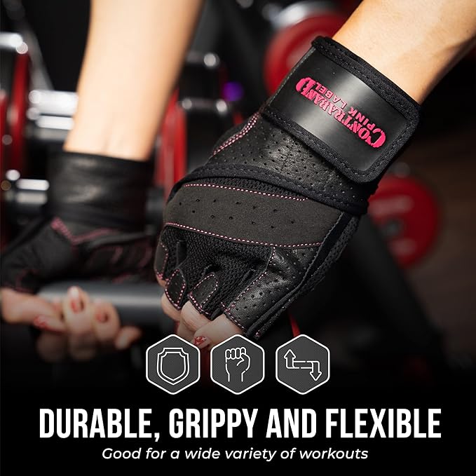 5737 Womens Padded Wrist Wrap Weight Lifting Gloves w/GripLock Padding (Pair) - Machine Washable Fingerless Workout Gloves w/Wrist Support Designed for Women