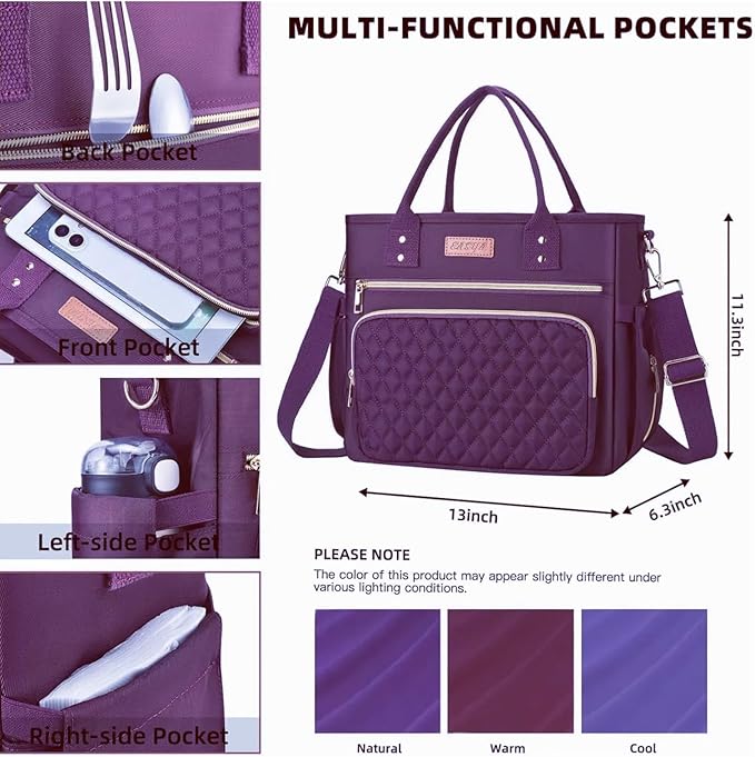 EASYA Large Women Lunch Bags for Work Insulated/Insulated Adult Lunch Box for Womens/Nylon Thermal Lunch Bag for Women/Leakproof Cooler Lunch Tote Bag with Storage Pocket (Mirage Purple)