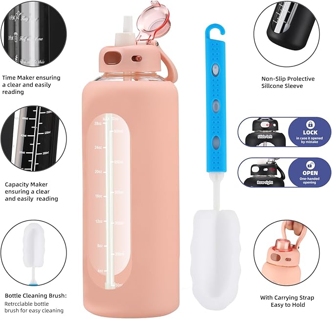 SIEROZUR 32 Glass Water Bottle with Straw and Handle Motivational Water Bottles with Silicone Sleeve and Time Marker Leakproof Borosilicate Water Bottle for Gym Home Office