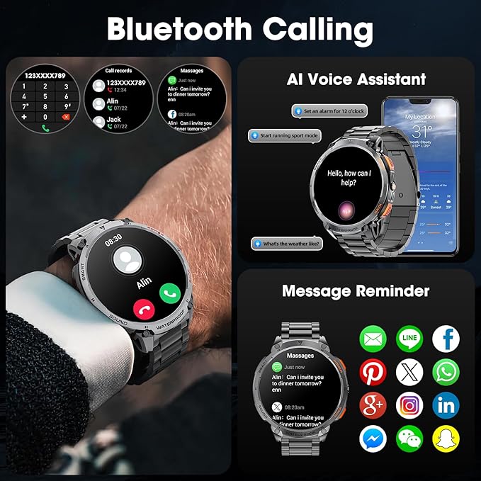 Military Smart Watch for Men 1.85" HD Touch Screen 730mAh Battery Smart Watches with LED Flashlight for Android iOS （Bluetooth Call Answer/Dial Calls） Fitness Tracker with Heart Rate Blood