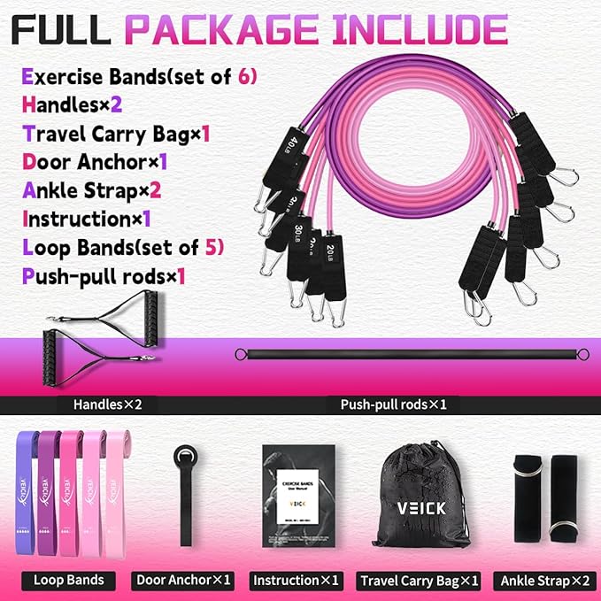 VEICK Pilates Bar Kit with Resistance Bands, Elastic Workout Bands for Men and Women, Set of 5 Resistance Loop Bands for Home Fitness, Stretching, Strength Training, Physical Therap