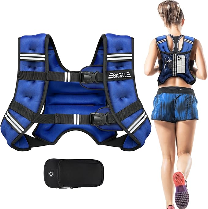 BAGAIL Weighted Vest, 5lbs/8lbs/10lbs/12lbs/15lbs/20lbs/25lbs/30lbs Weight Vest with Detachable Phone Pouch, Rucking Vest for Women, Men, Walking, Weight Loss, Training, Running