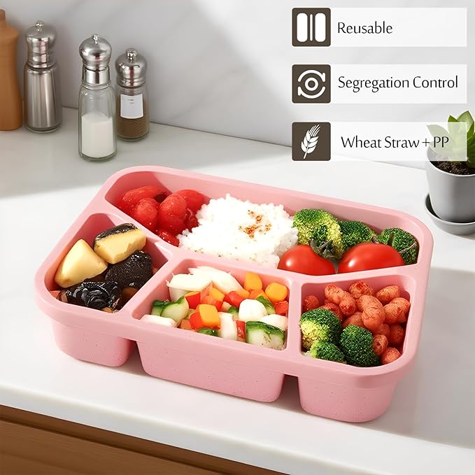 4 Pack Bento Lunch Box Set, 4 Compartment Food Storage Containers, Meal Prep Lunch Box,Plastic Food Storage Containers, Microwave and Dishwasher Safe (33oz)