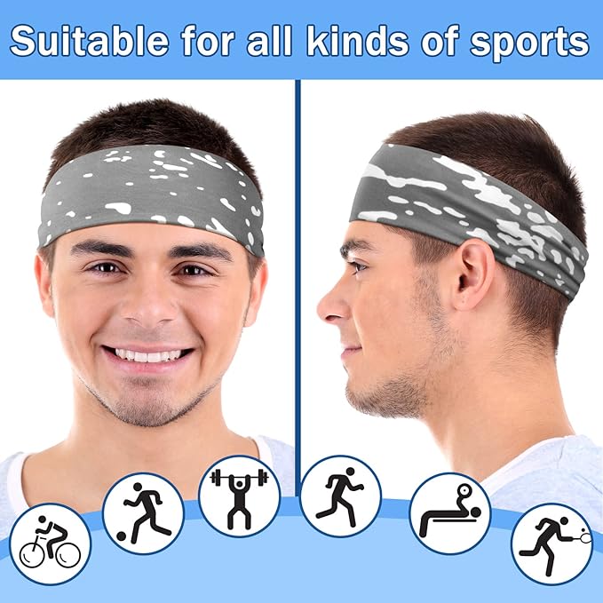 9 pcs Sweatbands for Men Workout Sport Headbands for Men Camo Headband Sweat Absorbing Headband Wide Sweatband for Head Basketball Football Cycling Running Yoga, 4.7 x 9.8 Inch