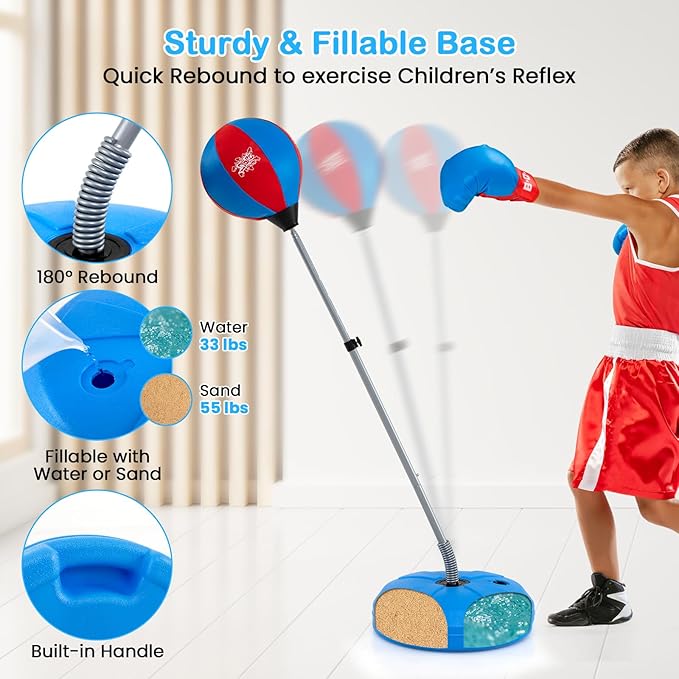 Goplus Punching Bag for Kids, Height Adjustable Kids Workout Equipment with Boxing Stand, Boxing Gloves, Inflator for Teens Adults Boys & Girls Aged 8+, Reflex Bag for Christmas Birthday