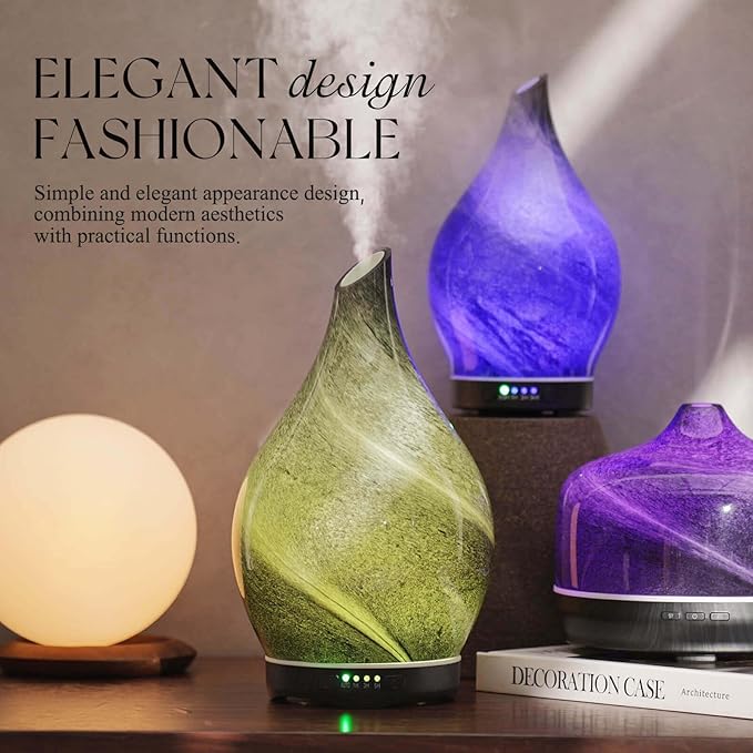 Porseme 280ml Essential Oil Diffuser Glass Color Changing Aroma Air Diffusers Aromatherapy Ultrasonic Cool Mist Humidifier 7 Running Hours Waterless Auto-Off for Sleeping, Yoga, Office, Spa (Obsidian)