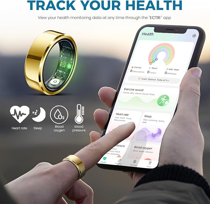 Smart Ring for Women Men Fitness Tracker with Blood Pressure,Heart Rate,Sleep Monitoring,Step Counting,for iPhone and Android,Waterproof smart blood pressure monitor,No Subscription Fees,Gold 12 size