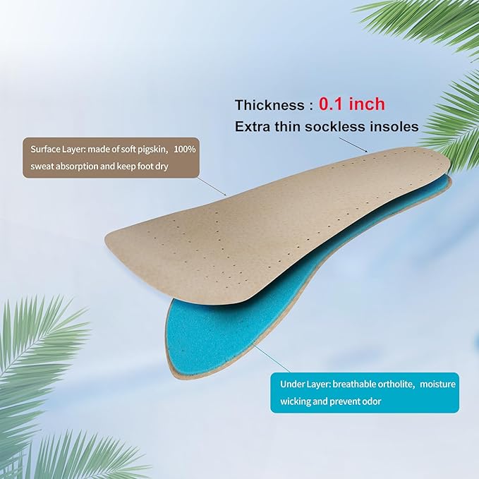 2 Pairs Pigskin Sockless Insoles|Barefoot Cushion Pads|Absorbs Sweat & Controls Odor|Wear Without Socks|Extra Thin Dress Shoes Inserts Women for High Heels Flats Sneakers Medium 8-9.5Size