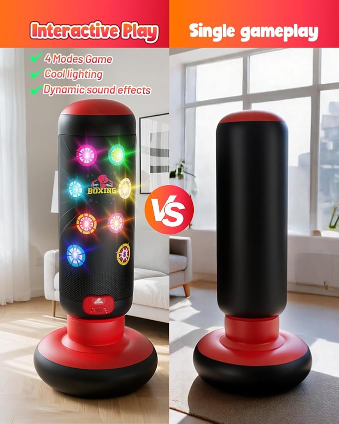 HopeRock Punching Bag for Kids, Boxing Set with Scoring, Light, Music, 4 Game Modes, Inflatable Boxing Bag with Gloves, Birthday Gifts Toys for 4-8-12 Years Old Boys