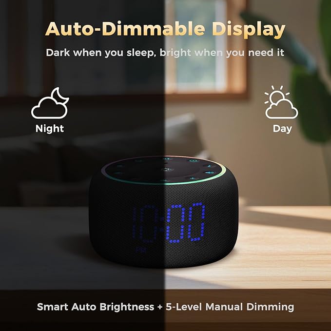 White Noise Machine Alarm Clock: Auto-Dimmable Clock for Bedrooms - 5W Stereo Bluetooth Speaker - Sound Machine with 24 Sleep Sounds for Adults Kids