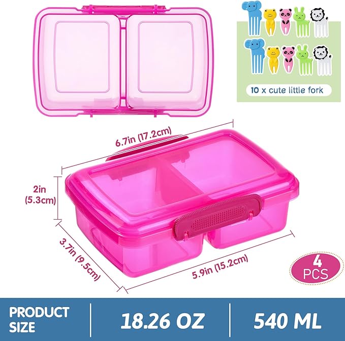 4 Pack Plastic Snack Containers with Lids, 2 Compartment Food Container for Kids Snack Box, Travel Bento Lunch Containers with forks for Fruits/Candies, Divided Food Storage Containers for School