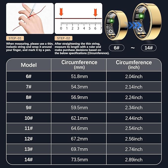 Smart Health Ring for Women Men, Fitness Tracker Ring with Heart Rate, Blood Oxygen, Sleep Tracker, Step Tracker, No Subscription Fee, IP68 Waterproof Smart Ring for iPhone & Android (Gold, 13#)