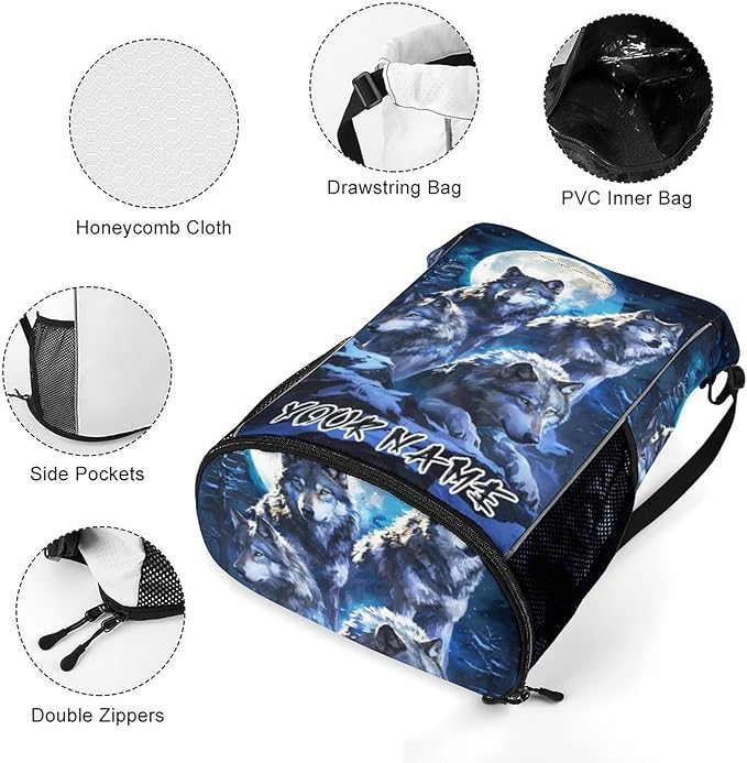 Custom Wolf Drawstring Backpack - Cute Cinch Sack, String Backpacks with Pocket for Women Men Kids Boys Girls for Gym Outdoor Sports Travel Athletic Drawstring Bag - Lightweight/Foldable