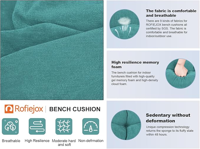 Bench Cushion 45 Inch - Chenille, High-Density Memory Foam, Non-Slip Bottom, Soft Durable Indoor Tufted Long Seat Cushion for Window Garden Furniture (Pastel Turquoise, 45x18x4 Inch)