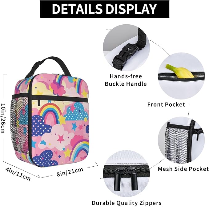 Colorful Rainbow Print Insulated Lunch Box Gifts for Kids Adults Cute Pink Cloud and Polka Dot Design Reusable Portable Lunchbox Cooler Lunchbag for Work Picnic School Travel or Hiking