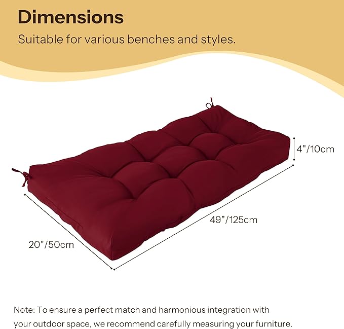 Waterproof Outdoor Bench Cushion 49"X20"X4" Comfortable Outdoor Chair Cushions Tufted Garden Bench Pad UV Resistant and Fade Resistant (1, Red)