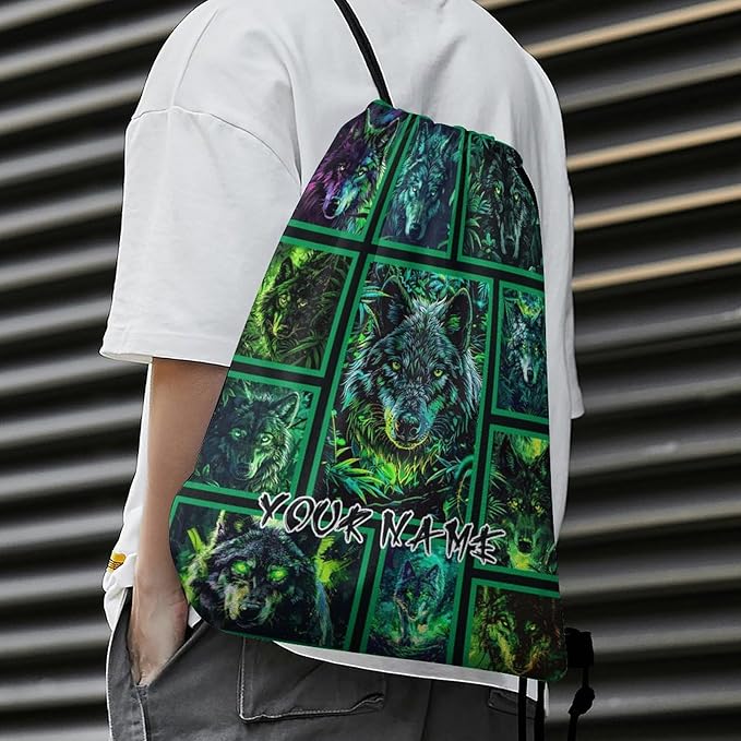 Custom Wolf Drawstring Backpack - Cute Cinch Sack, String Backpacks for Women Men Kids Boys Girls for Gym Outdoor Sports Travel Athletic Drawstring Bag - Lightweight/Foldable