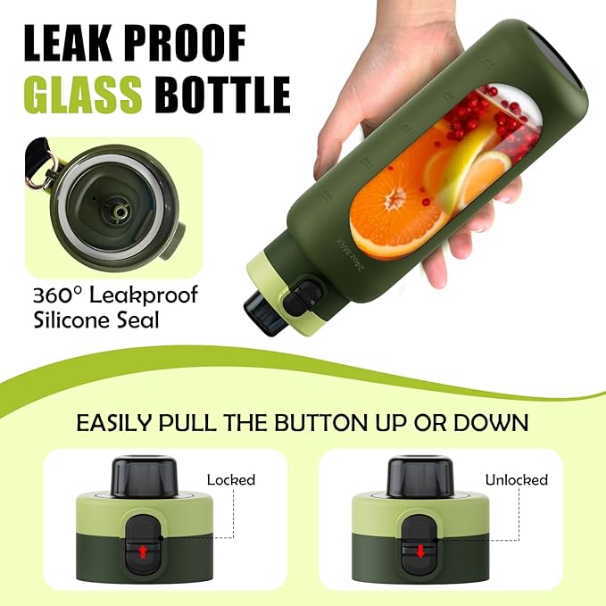 ANOTION 40OZ Glass Water Bottle, Large Sports Water Bottle with Dual-Drink Lid Clear Leakproof Glass Bottles with Straw, Motivational Jug with Silicone Sleeve and Time Marker for Travel Gym-Green
