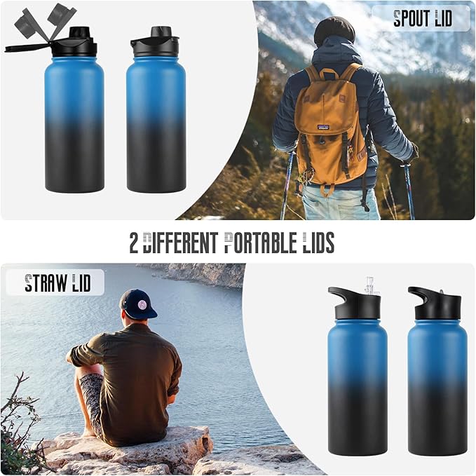 32 Oz Insulated Water Bottle Bulk 4 Pack, Stainless Steel Sports Water Bottles with Straw Lid & Wide Mouth Lids, Double Walled Vacuum, Leak Proof, Blue Black Gradient