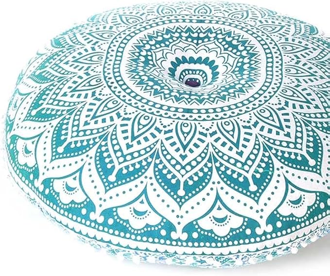 Eyes of India - 32" Green White Round Colorful Floor Patchwork Pillow Cover Meditation Cushion Seating Throw Mandala Hippie Bohemian Accent Boho Chic Dog Bed Indian Handmade Cover ONLY