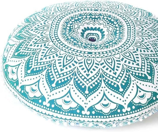 Eyes of India - 32" Green White Round Colorful Floor Patchwork Pillow Cover Meditation Cushion Seating Throw Mandala Hippie Bohemian Accent Boho Chic Dog Bed Indian Handmade Cover ONLY