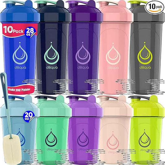 10 PACK, Shaker Bottles with Wire Whisks for Protein Mixes | Leakproof Blender Shaker Bottle Pack| BPA-Free & Dishwasher Safe | 5 Large 28-oz & 5 Small 20-oz shaker bottle | Shaker Cups for shakes