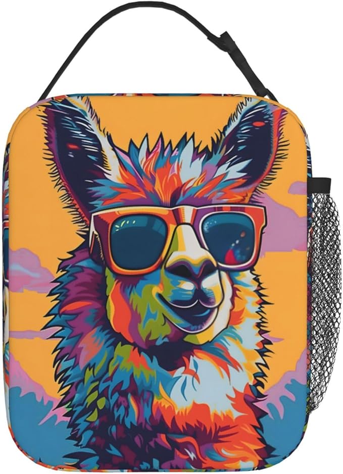 Colorful Llama Lunch Box for Women Girls Kids, Insulated Cooler Cool Sunglasses Llama Lunch Bag for School, Picnic, Office, Work, Travel, Portable Polyester Thermal Reusable Tote Lunch Bags