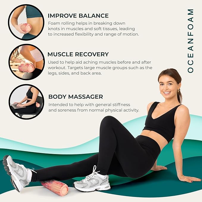 Oceanfoam Ripple Travel Foam Roller (11" x 3.35") Firm Mini Foam Roller for Physical Therapy, Deep Tissue Massage, Back Pain - High Density, Ergonomic Wave Textured - Yoga, Exercise (Cotton Candy)