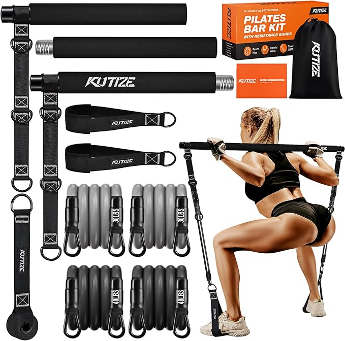 Pilates Bar Kit with Resistance Bands, Pilates Equipment, Multifunctional Pilates Bar for Women & Men, Pilates kit for Hip, Back, Arm, Full-Body Workouts, Home Gym Strength Training Equipment
