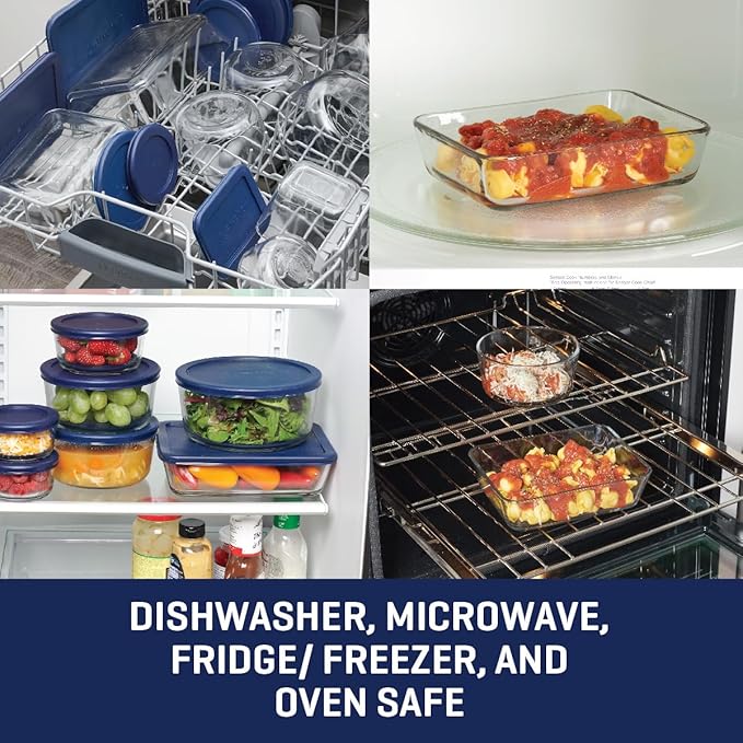 Anchor Hocking 26 Piece Glass Storage Containers with Lids (13 Glass Food Storage Containers & 13 Navy Blue SnugFit Lids)