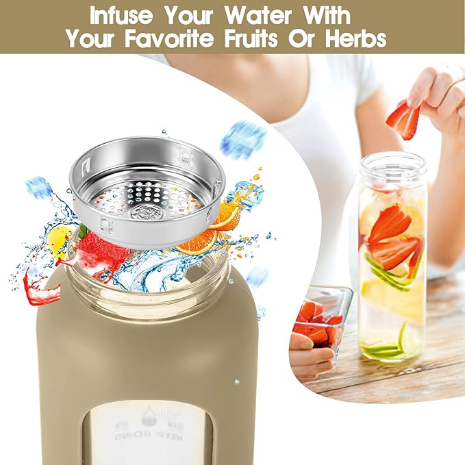 32 oz Glass Water Bottle with Straw - Motivational Time Marker & Silicone Sleeve - Reusable Tumbler Includes 2 Bamboo Lids & Fruit Infuser - 1 Pack