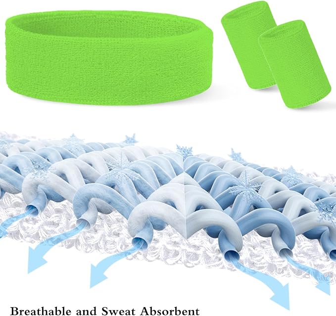 24 Pcs Neon Sweatbands Set Include 8 Pcs Sports Headband and 16 Pcs Cotton Wristbands 80s Neon Sweat Bands Bulk for Gym, Tennis, Basketball, Running, Exercise